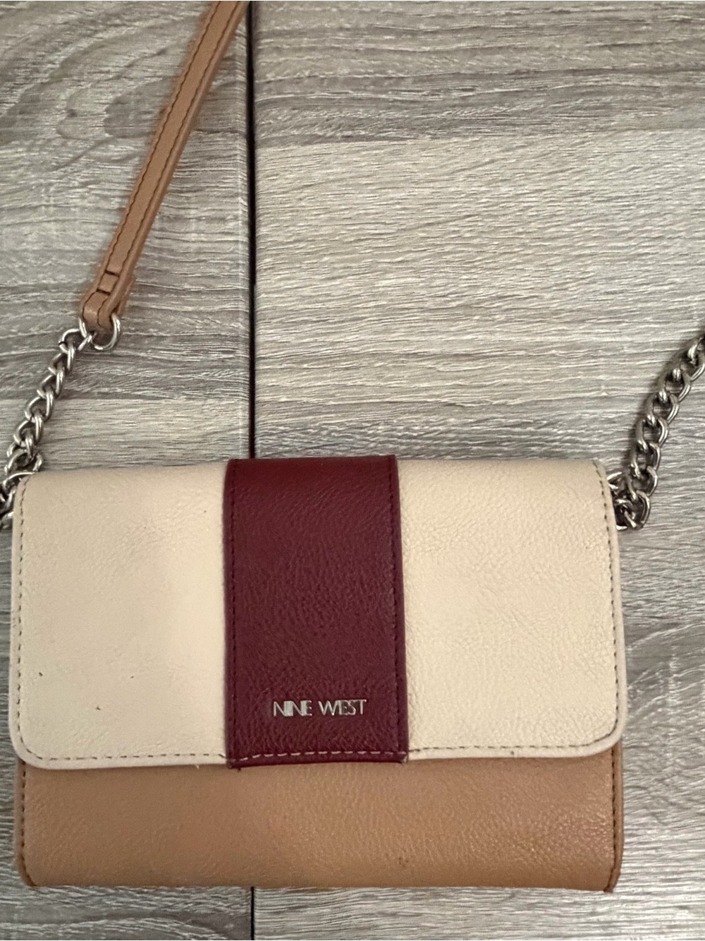Nine West Tri-Color Leather Crossbody Bag - Cream, Tan & Burgundy